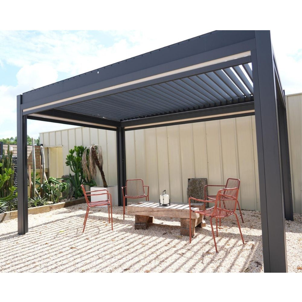 Outdoor patio with pergola, table, and chairs on a sunny day.