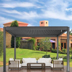 Patio with pergola, outdoor furniture, and a clear blue sky